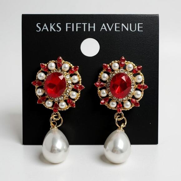 Pearl & Red Rhinestone Drop Earrings – Saks Fifth Avenue - NEW - Picture 1 of 6